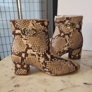 LAUREN Ralph Lauren Brown & Beige Snake-Print Ankle Booties Goldtone Logo Sz 5.5